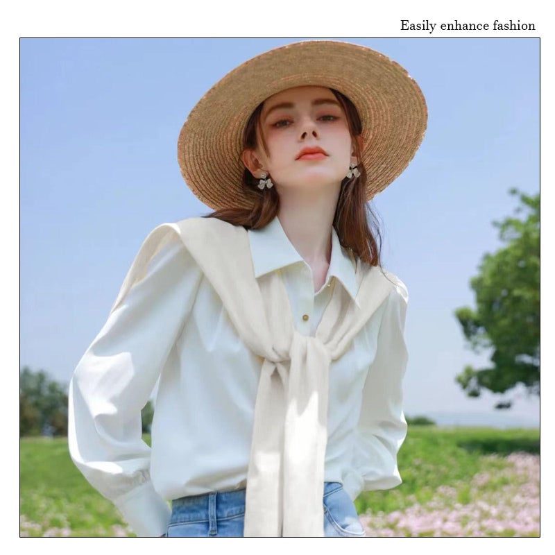 huablo Women's Fashion Sweater Knitted Knotted Shawl Sweater Office Travel Casual Scarf Cape Shoulder Wrap Shawl Faux Wrap White - Image 3