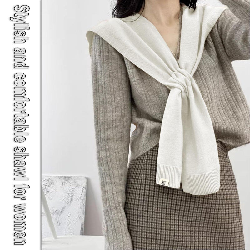 huablo Women's Fashion Sweater Knitted Knotted Shawl Sweater Office Travel Casual Scarf Cape Shoulder Wrap Shawl Faux Wrap White - Image 4