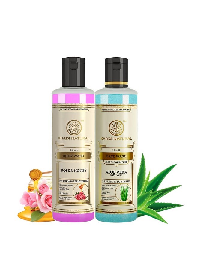 Khadi Natural Aloe Vera Face Wash With Scrub & Rose & Honey Body Wash | For Younger-Looking Skin |Improves Complexion| Paraben & Sls Free | 210 Ml Each  - Image 1