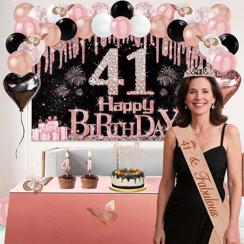 Juesly 41 Birthday Decorations for Women, 49pcs Black Rose Gold Black Happy 41st Birthday Banner, Tablecloth, Butterfly Decor, Sash and Tiara, Cake Topper, Candles, Balloons Arch - Image 2