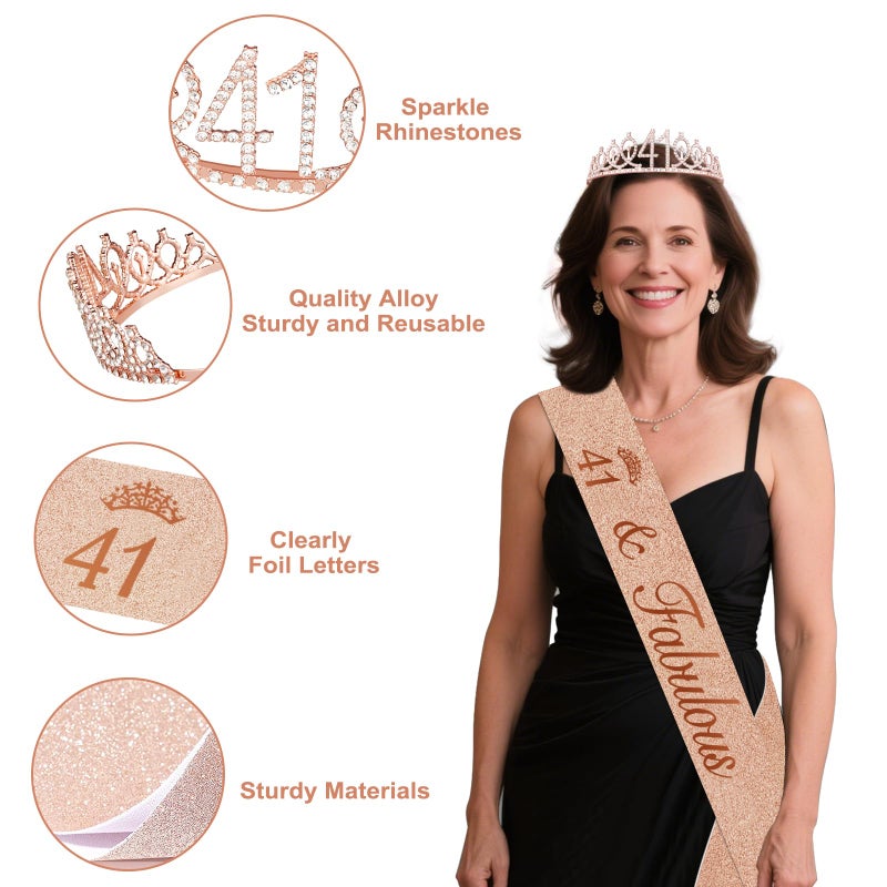 Juesly 41 Birthday Decorations for Women, 49pcs Black Rose Gold Black Happy 41st Birthday Banner, Tablecloth, Butterfly Decor, Sash and Tiara, Cake Topper, Candles, Balloons Arch - Image 4