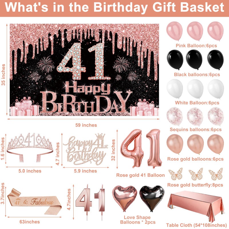 Juesly 41 Birthday Decorations for Women, 49pcs Black Rose Gold Black Happy 41st Birthday Banner, Tablecloth, Butterfly Decor, Sash and Tiara, Cake Topper, Candles, Balloons Arch - Image 3