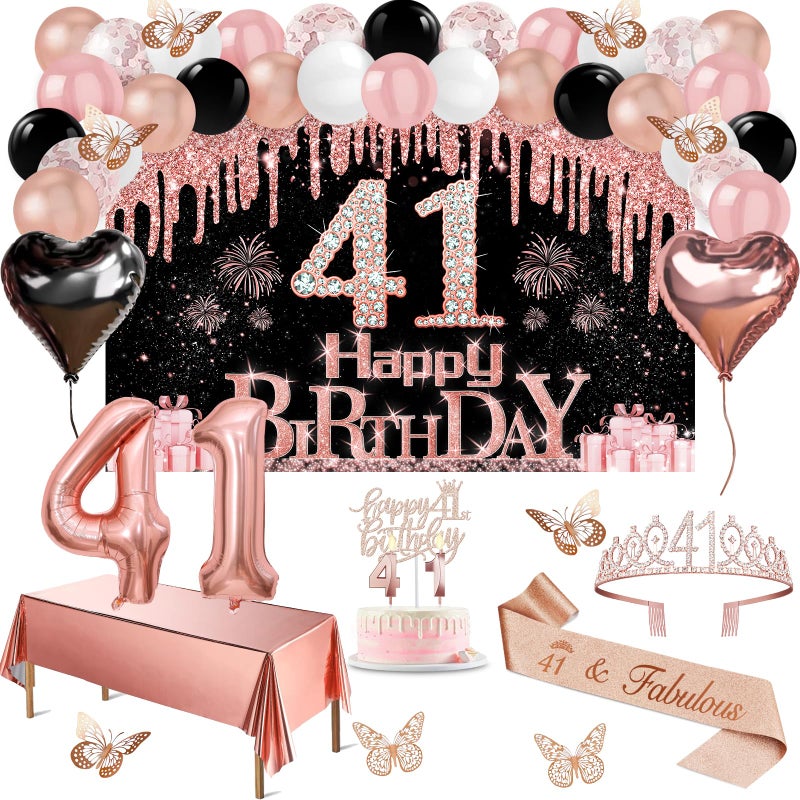 Juesly 41 Birthday Decorations for Women, 49pcs Black Rose Gold Black Happy 41st Birthday Banner, Tablecloth, Butterfly Decor, Sash and Tiara, Cake Topper, Candles, Balloons Arch - Image 1