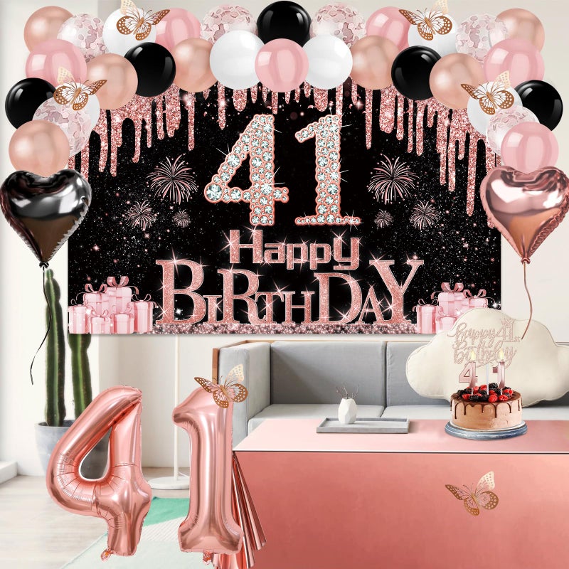 Juesly 41 Birthday Decorations for Women, 49pcs Black Rose Gold Black Happy 41st Birthday Banner, Tablecloth, Butterfly Decor, Sash and Tiara, Cake Topper, Candles, Balloons Arch - Image 5