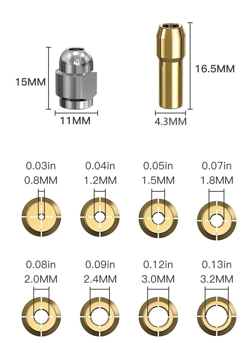Excefore Drill Chuck Collet Set for Dremel, 1/32" to 1/8" Replacement 4486 Drill Keyless Bit Chuck Shank Rotary Tool Quick Change Adapter with Replacement 4485 Brass Quick Change Rotary Drill Nut Tool Set  - Image 4