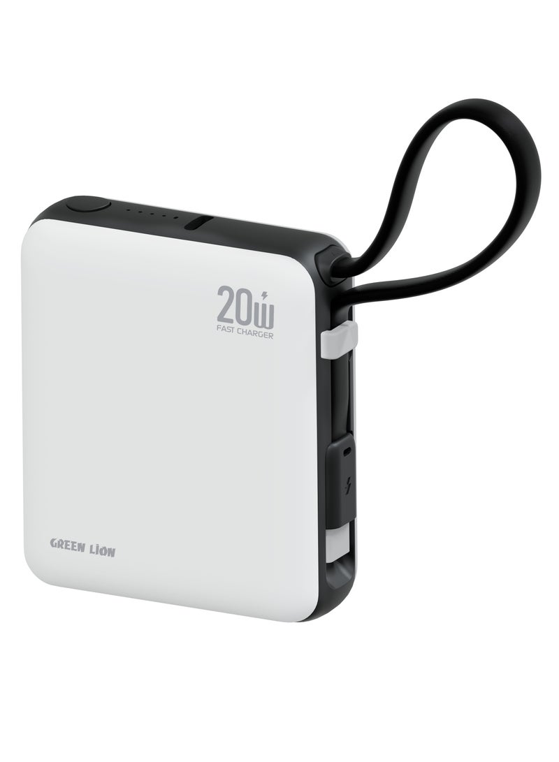 GREEN LION 10000mAh NURU PD 20W Power Bank, Portable PowerBank with Pocket Size Slim Design, 2 in 1 Built In Cable & Lanyard, 20W PD Fast Charging, Flight Approved Power Bank with LED Battery Indicator, Safety Protection - White - Image 1