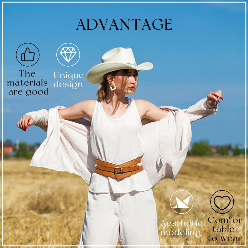 WOKNOW Classic Western Cowboy Hat for Men & Women, Felt Cowgirl Hat with Two Decorative Bands, ï¼ŒWide Brimï¼Œ All-Season Wear (White) - Image 4