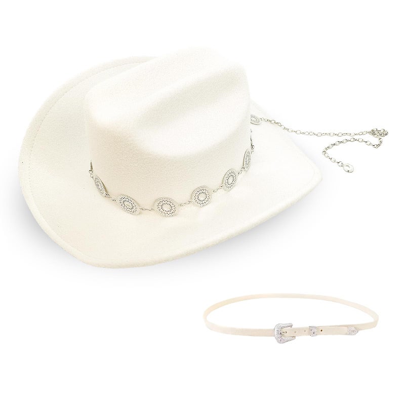 WOKNOW Classic Western Cowboy Hat for Men & Women, Felt Cowgirl Hat with Two Decorative Bands, ï¼ŒWide Brimï¼Œ All-Season Wear (White) - Image 1