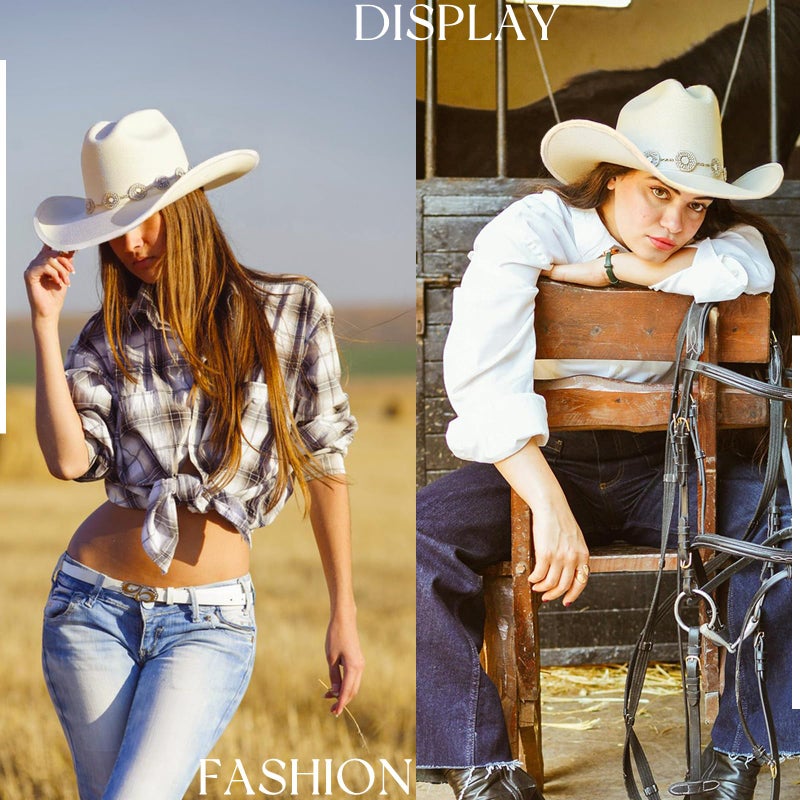WOKNOW Classic Western Cowboy Hat for Men & Women, Felt Cowgirl Hat with Two Decorative Bands, ï¼ŒWide Brimï¼Œ All-Season Wear (White) - Image 5