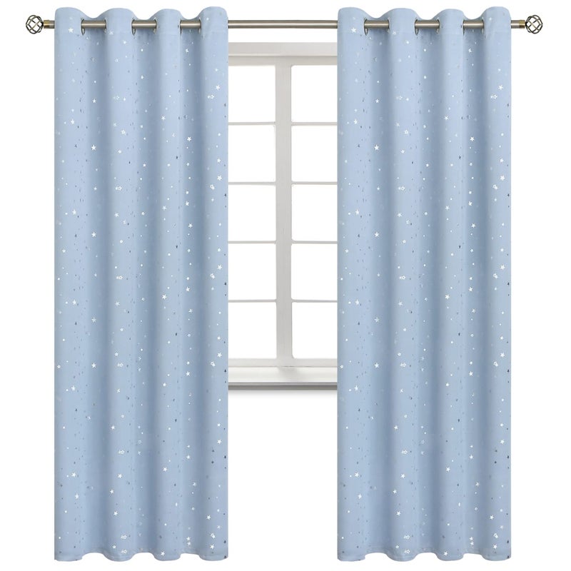 BGment Star Room Darkening Curtains for Kids Bedroom - Grommet Thermal Insulated Silver Star Print Kids Curtains for Living Room  Set of 2 Panels  Baby Blue  52 x 84 Inch - Image 1