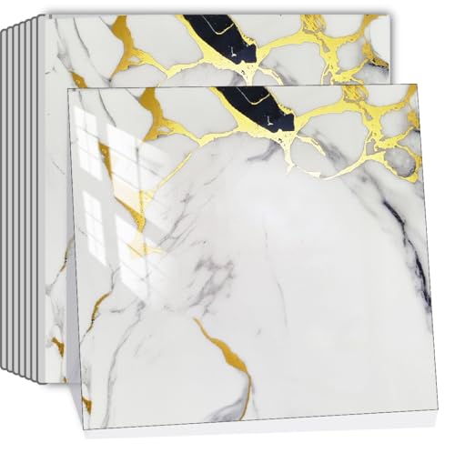 SHOWCOLOUR 20Sheets Peel and Stick Backsplash Marble Look 12X12 Self Adhesive Wall Tile Back Splashes for Kitchen Bathroom Golden Pattern 2 Gray Crack - Image 1