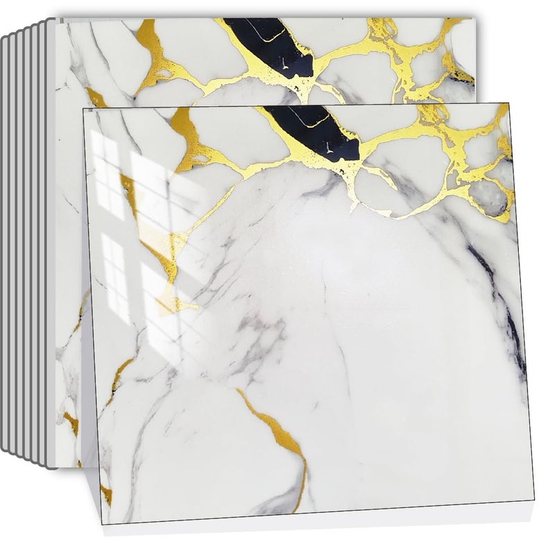 SHOWCOLOUR 20Sheets Peel and Stick Backsplash Marble Look 12X12 Self Adhesive Wall Tile Back Splashes for Kitchen Bathroom Golden Pattern 2 Gray Crack - Image 2