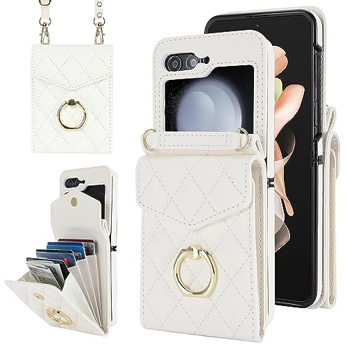 XIMAND for Samsung Galaxy Z Flip 6 Wallet Phone Case with Ring and Adjustable Crossbody Strap, Stylish and Muti-funtional Accordion Style Flip Case with 4 Card Slots .（White） - Image 1