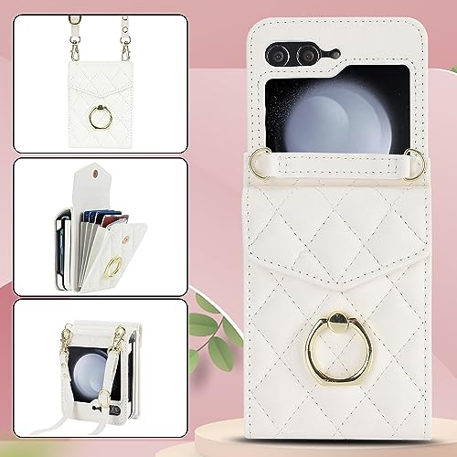 XIMAND for Samsung Galaxy Z Flip 6 Wallet Phone Case with Ring and Adjustable Crossbody Strap, Stylish and Muti-funtional Accordion Style Flip Case with 4 Card Slots .（White） - Image 3