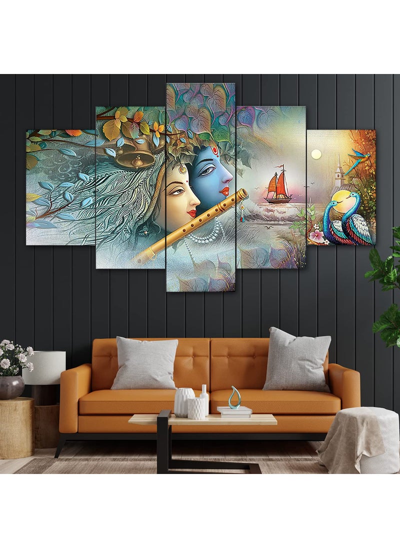 Perpetual Perpetual Radha Krishna Paintings For Wall Decoratoin Set offive 3D Scenery Vastu Wall Painting For Living Room Large Size With Frames 125 Cm X 60 Cm B3 Multi  - Image 1