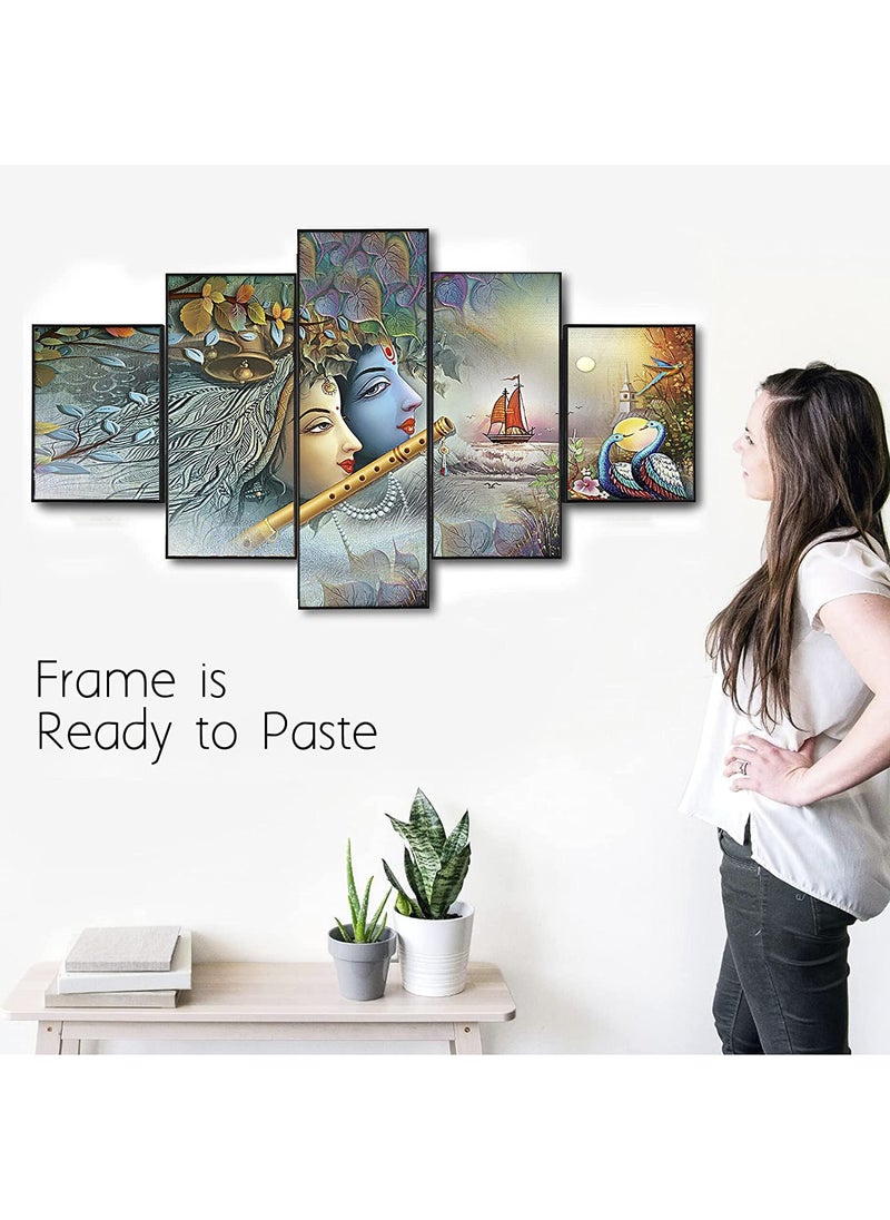 Perpetual Perpetual Radha Krishna Paintings For Wall Decoratoin Set offive 3D Scenery Vastu Wall Painting For Living Room Large Size With Frames 125 Cm X 60 Cm B3 Multi  - Image 3