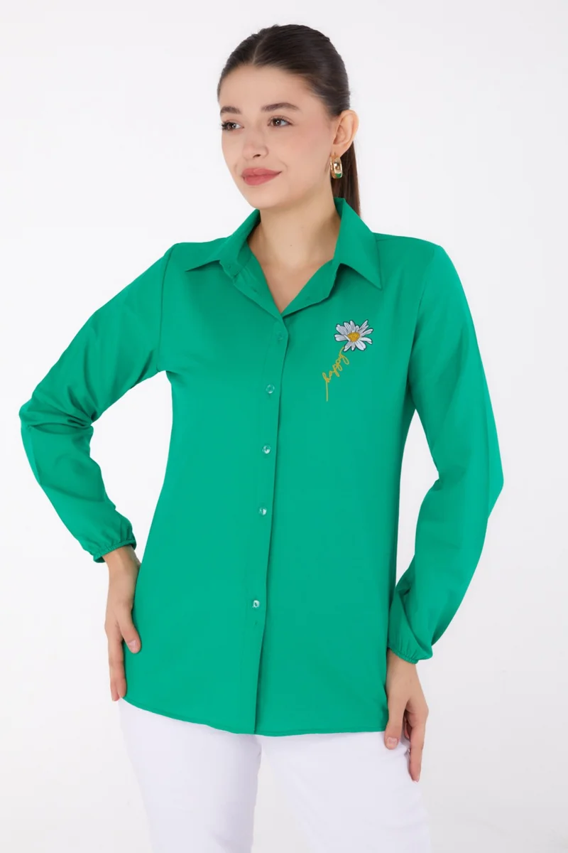 Tofisa Plain Shirt Collar Women's Green Printed Shirt - 13343
