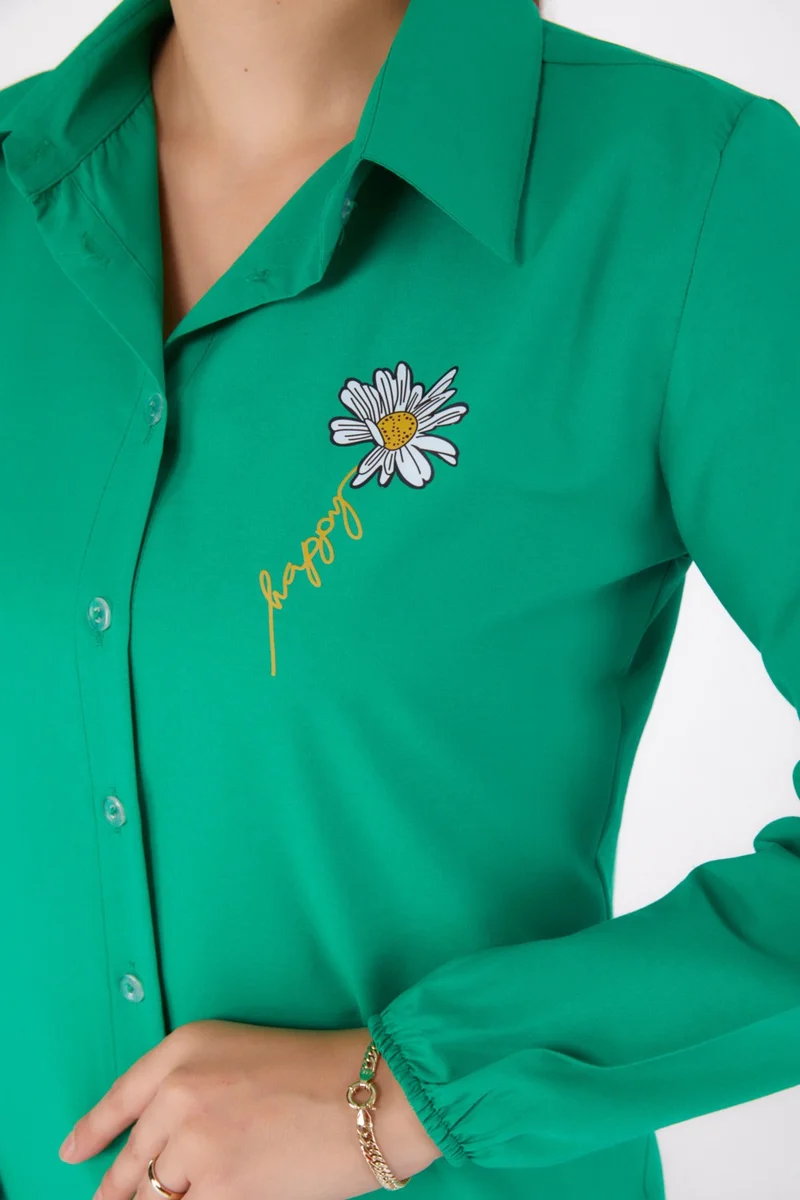Tofisa Plain Shirt Collar Women's Green Printed Shirt - 13343