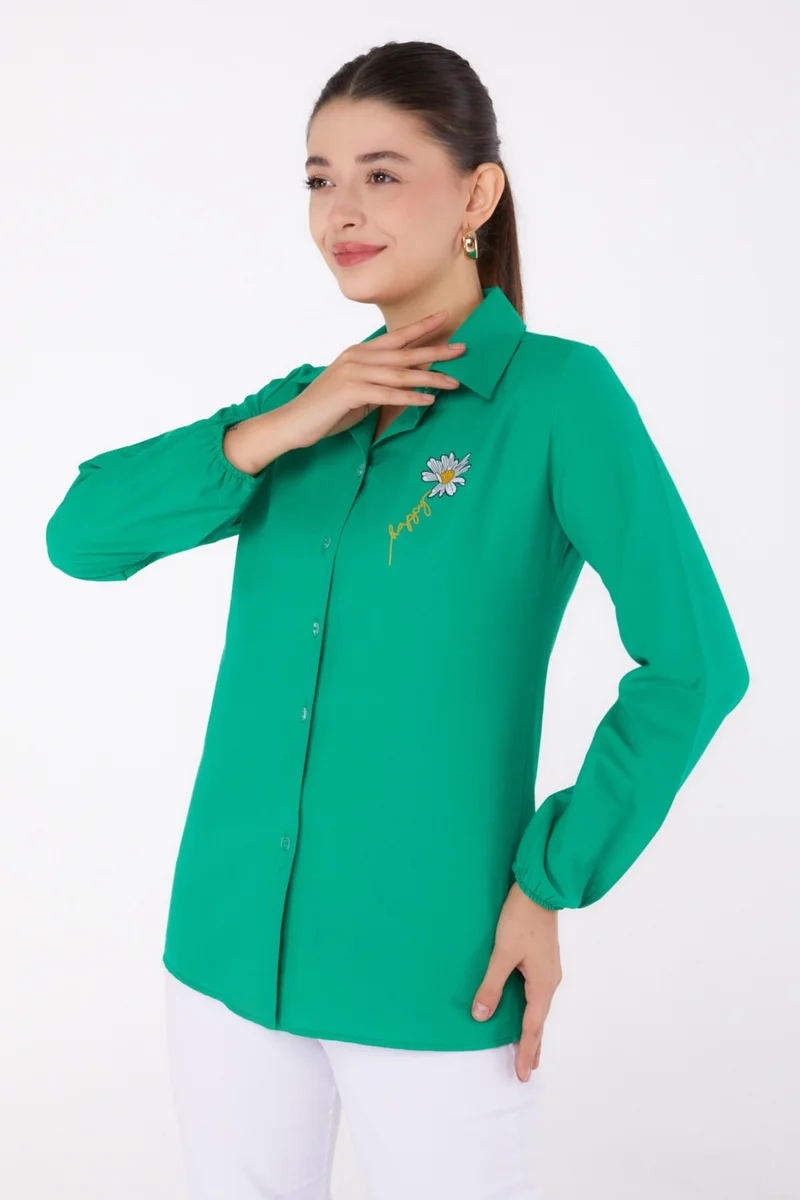 Tofisa Plain Shirt Collar Women's Green Printed Shirt - 13343