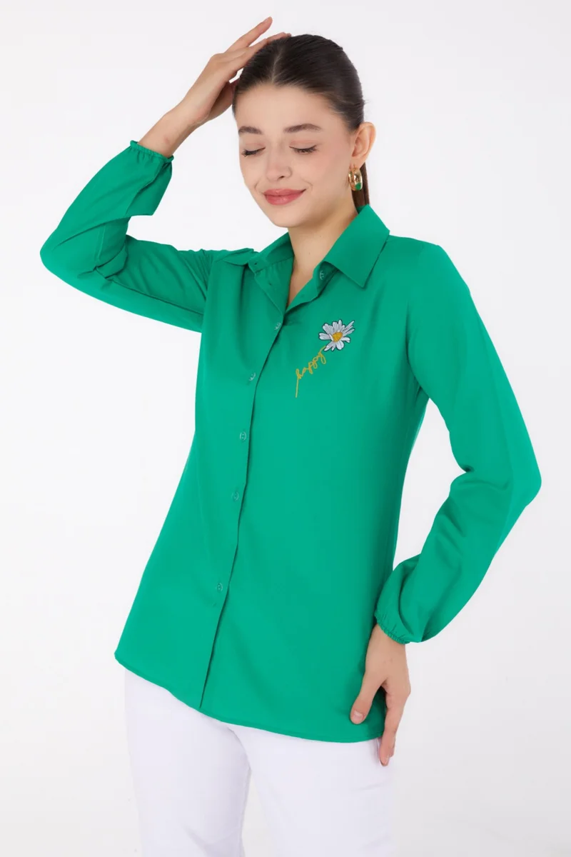 Tofisa Plain Shirt Collar Women's Green Printed Shirt - 13343