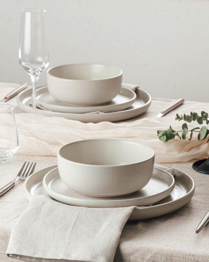 Famiware Milkyway Stoneware Dinnerware Sets with Mugs, Service for 6 (24 Pieces), Reactive Glaze Plates and Bowls Sets, Microwave and Dishwasher Safe Dishes Set, Matte Beige White - Image 4