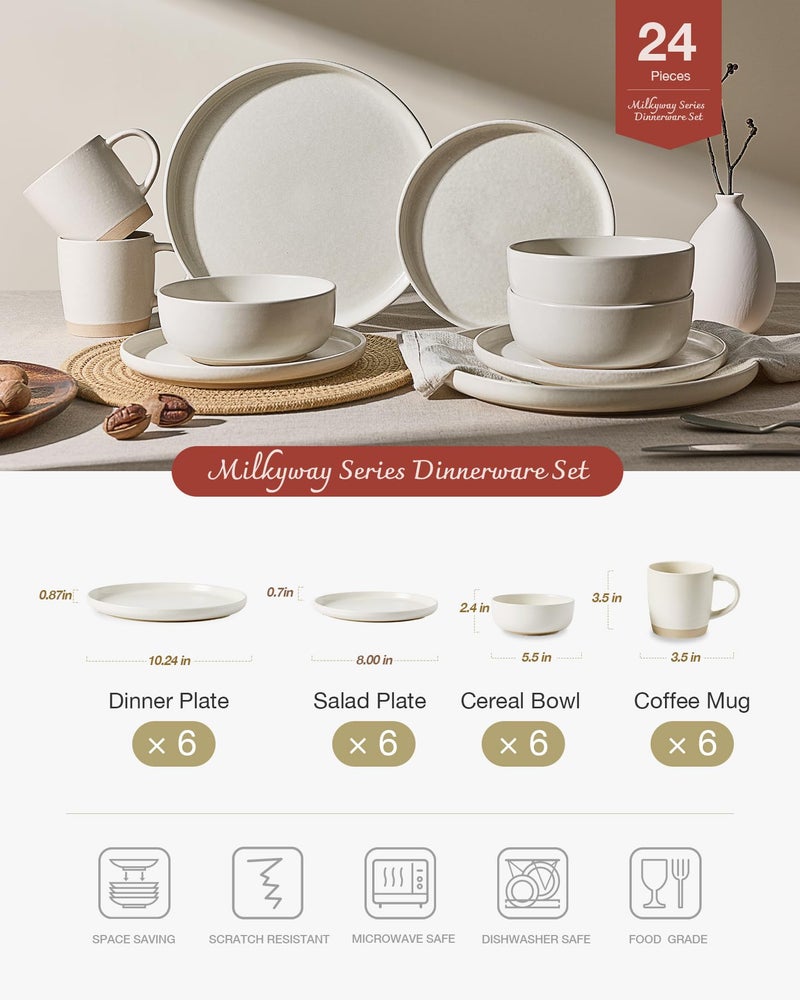 Famiware Milkyway Stoneware Dinnerware Sets with Mugs, Service for 6 (24 Pieces), Reactive Glaze Plates and Bowls Sets, Microwave and Dishwasher Safe Dishes Set, Matte Beige White - Image 2