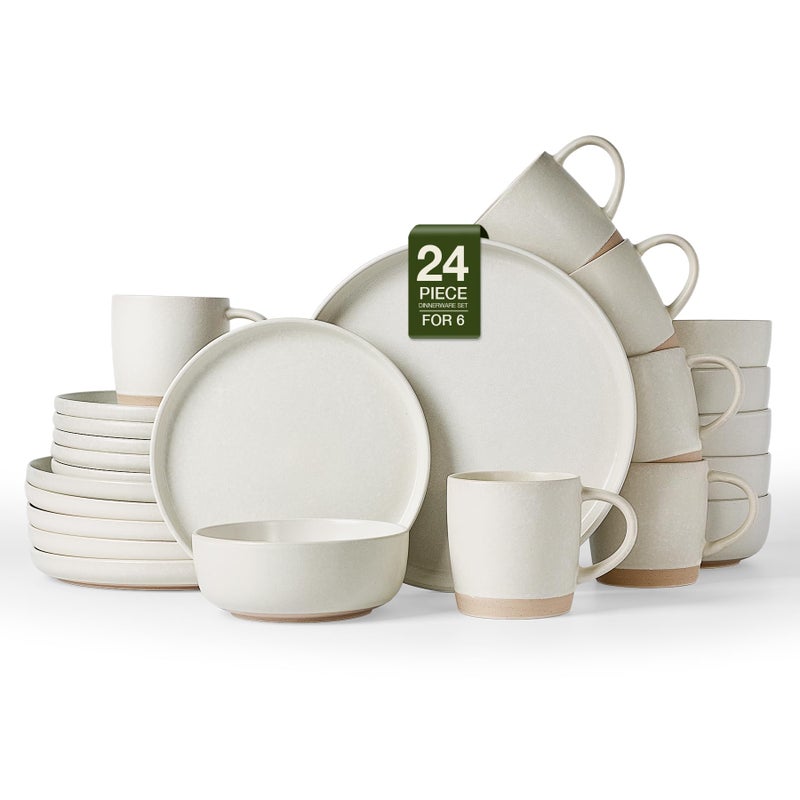 Famiware Milkyway Stoneware Dinnerware Sets with Mugs, Service for 6 (24 Pieces), Reactive Glaze Plates and Bowls Sets, Microwave and Dishwasher Safe Dishes Set, Matte Beige White - Image 1
