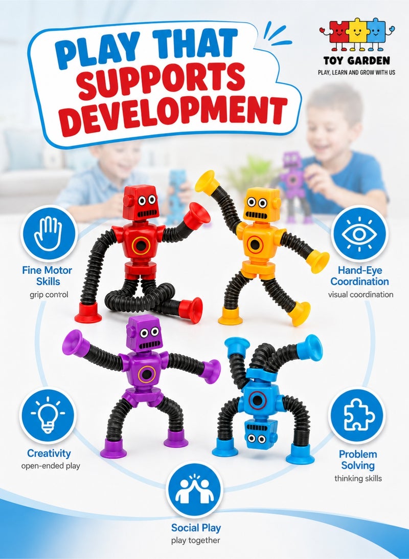 TOY GARDEN 4-Pack Pop Tubes Robot Fidget Toys – Telescopic Suction Cup Robots for Kids – Sensory & Fine Motor Skill Toy for Toddlers – Creative Learning Gift for Boys & Girls (Ages 3–6) - Image 3