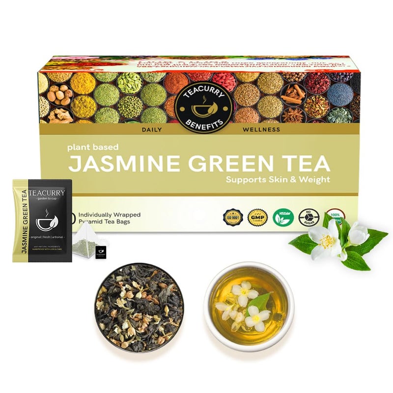 TEACURRY Jasmine Green Tea - 30 Tea Bags | Jasmine Tea for Weight Loss | 100% Natural Jasmine Tea Flowers | Jasmine Tea Helps in Skin Glow, Digestion, Joint Pain | Jasmine Tea Infusion - Image 1