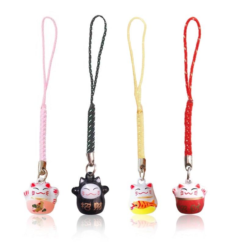 ZGGAZCA 4PCS Lucky Cat Keychain Charm Set Chinese Good Luck Bells Charms Fortune Kitty Phone Keychains Party Favors for Good Health Wealth Feng Shui Decorative Accessories for Luck - Image 1