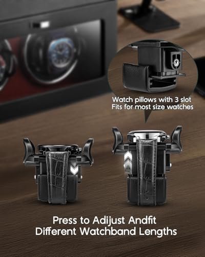 VLANDO Automatic Double Watch Winder Watch Winder Box with Men Jewelry Organizer Tray Japanese Quiet Motor LED Light Adjustable Watch Pillows Red - Image 3