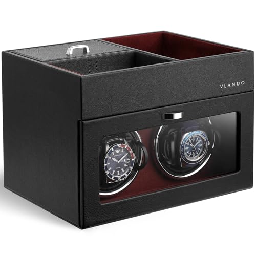 VLANDO Automatic Double Watch Winder Watch Winder Box with Men Jewelry Organizer Tray Japanese Quiet Motor LED Light Adjustable Watch Pillows Red - Image 1