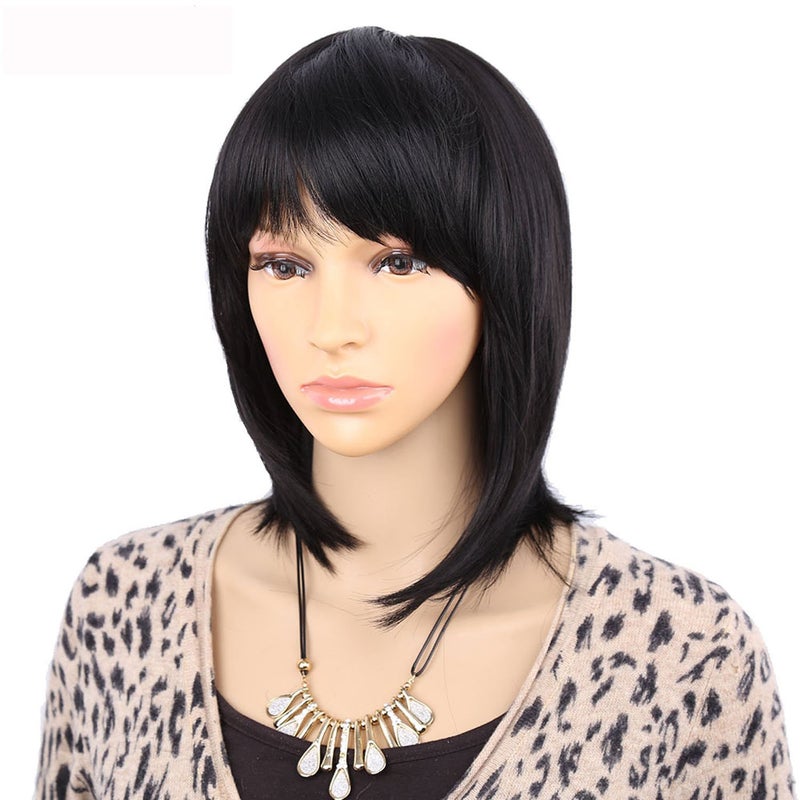 Ritzkart Natural Black Straight Short Hair Synthetic Bob Cut Wigs With Bangs Black - Image 2