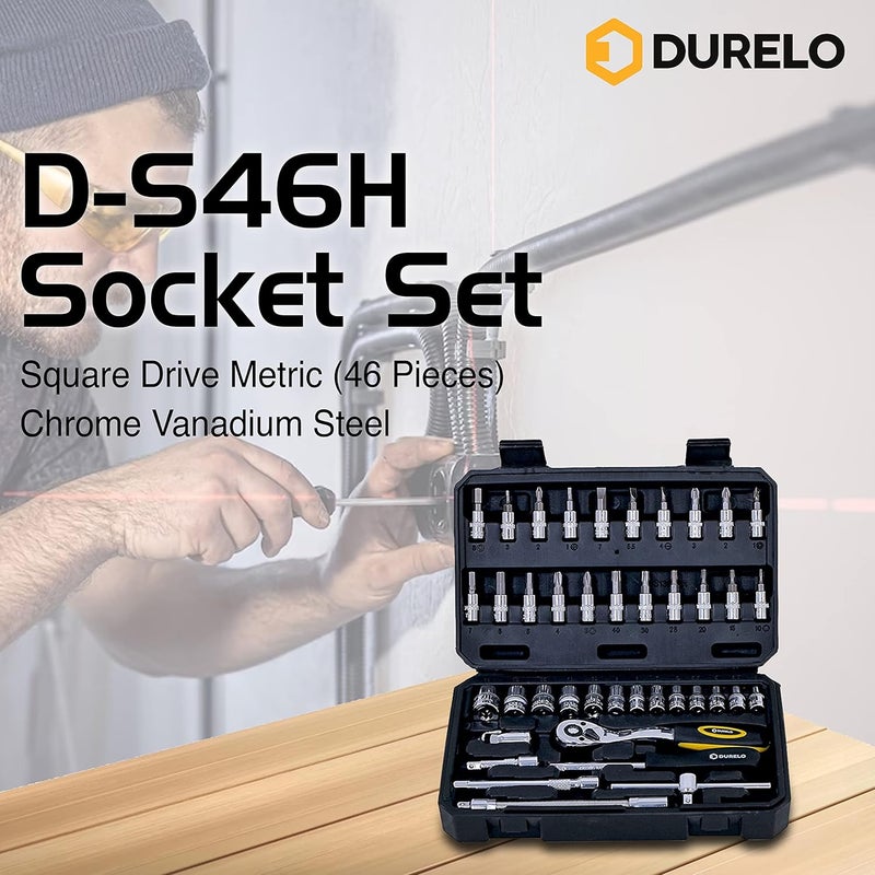 DURELO D-S46H Socket Set 1/4'' Square Drive Metric (46 Pieces), Chrome Vanadium Steel - Image 3