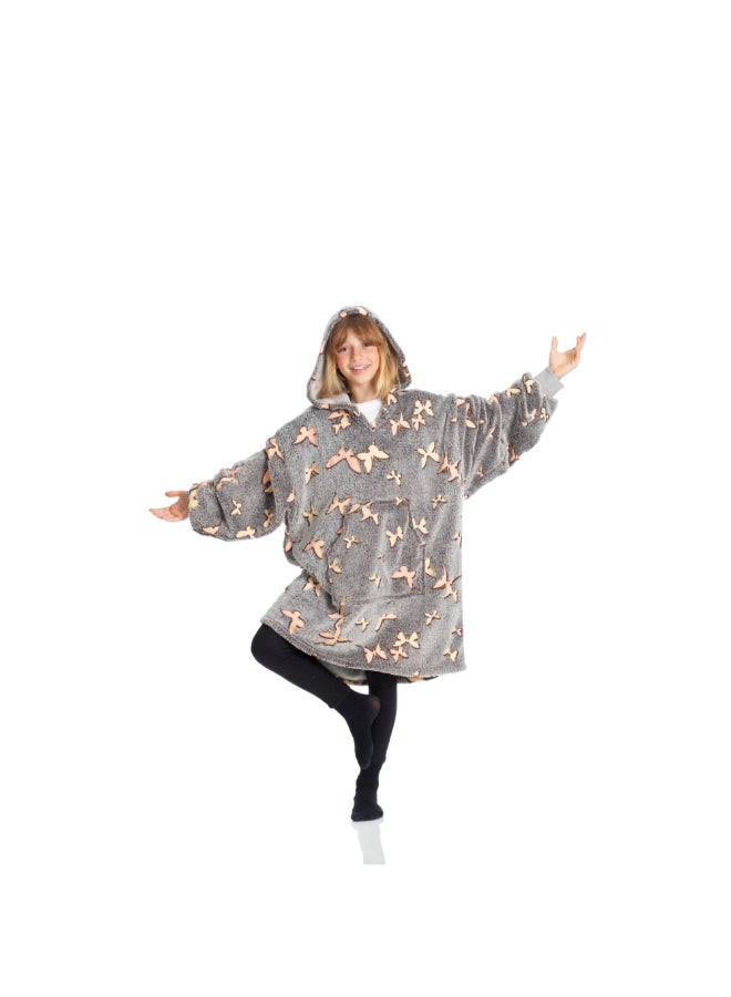 Kanguru Hoodie Wearable Blanket | Oversized Sweatshirt, Hooded Fleece Blanket for Kids & Teenagers, Ultra Soft & Comfy, Big Front Pocket, Lightweight, Washable, size 65x75cm - Glow Butterflies  - Image 1