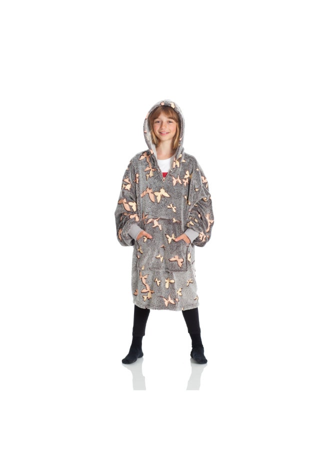 Kanguru Hoodie Wearable Blanket | Oversized Sweatshirt, Hooded Fleece Blanket for Kids & Teenagers, Ultra Soft & Comfy, Big Front Pocket, Lightweight, Washable, size 65x75cm - Glow Butterflies  - Image 5