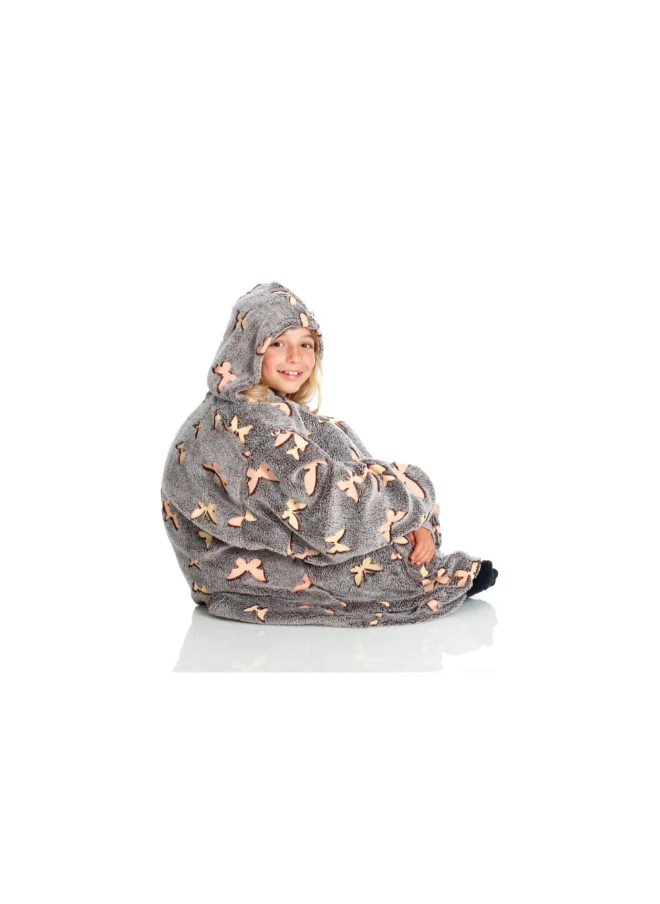 Kanguru Hoodie Wearable Blanket | Oversized Sweatshirt, Hooded Fleece Blanket for Kids & Teenagers, Ultra Soft & Comfy, Big Front Pocket, Lightweight, Washable, size 65x75cm - Glow Butterflies