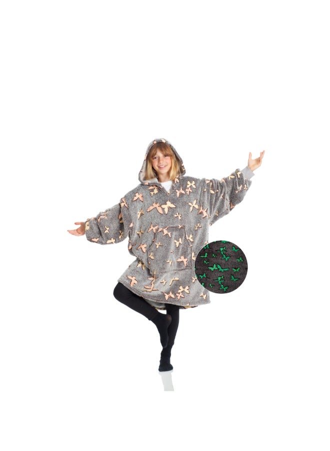 Kanguru Hoodie Wearable Blanket | Oversized Sweatshirt, Hooded Fleece Blanket for Kids & Teenagers, Ultra Soft & Comfy, Big Front Pocket, Lightweight, Washable, size 65x75cm - Glow Butterflies  - Image 3