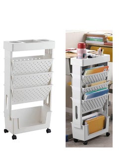 Golden Movable Bookshelf Plastic Bookcase Multipurpose Storage Shelf Rack Organizer 360° Rotation for Home and School Desk Side Books and Magazine Holder Space Saving (White)  - Image 1
