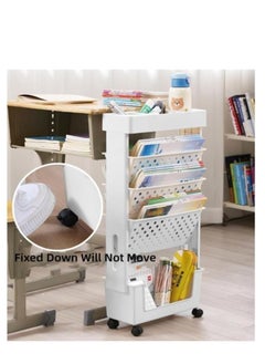 Golden Movable Bookshelf Plastic Bookcase Multipurpose Storage Shelf Rack Organizer 360° Rotation for Home and School Desk Side Books and Magazine Holder Space Saving (White)  - Image 3