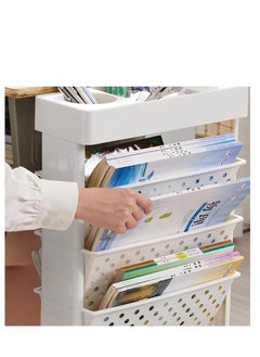 Golden Movable Bookshelf Plastic Bookcase Multipurpose Storage Shelf Rack Organizer 360° Rotation for Home and School Desk Side Books and Magazine Holder Space Saving (White)  - Image 5