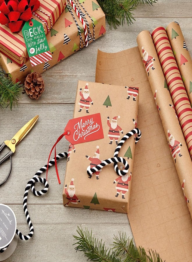 Hallmark Christmas Wrapping Paper Rolls, Brown Kraft Holiday Gift Wrap (Pack of 3: 90 sq. ft. ttl) Kraft with Santas, Trees, Stripes - Image 2