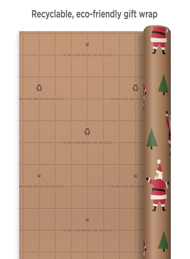 Hallmark Christmas Wrapping Paper Rolls, Brown Kraft Holiday Gift Wrap (Pack of 3: 90 sq. ft. ttl) Kraft with Santas, Trees, Stripes - Image 4
