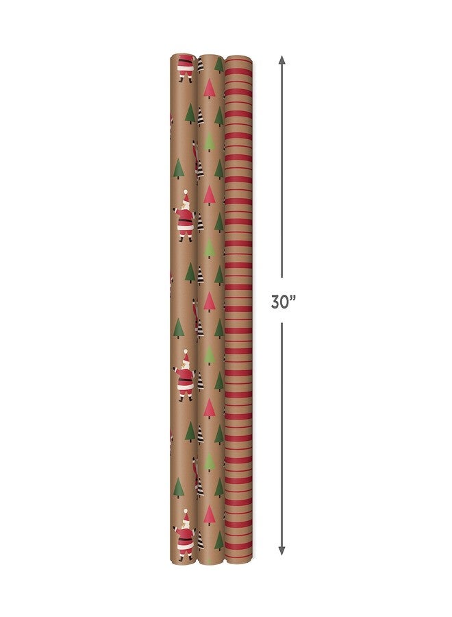 Hallmark Christmas Wrapping Paper Rolls, Brown Kraft Holiday Gift Wrap (Pack of 3: 90 sq. ft. ttl) Kraft with Santas, Trees, Stripes - Image 3