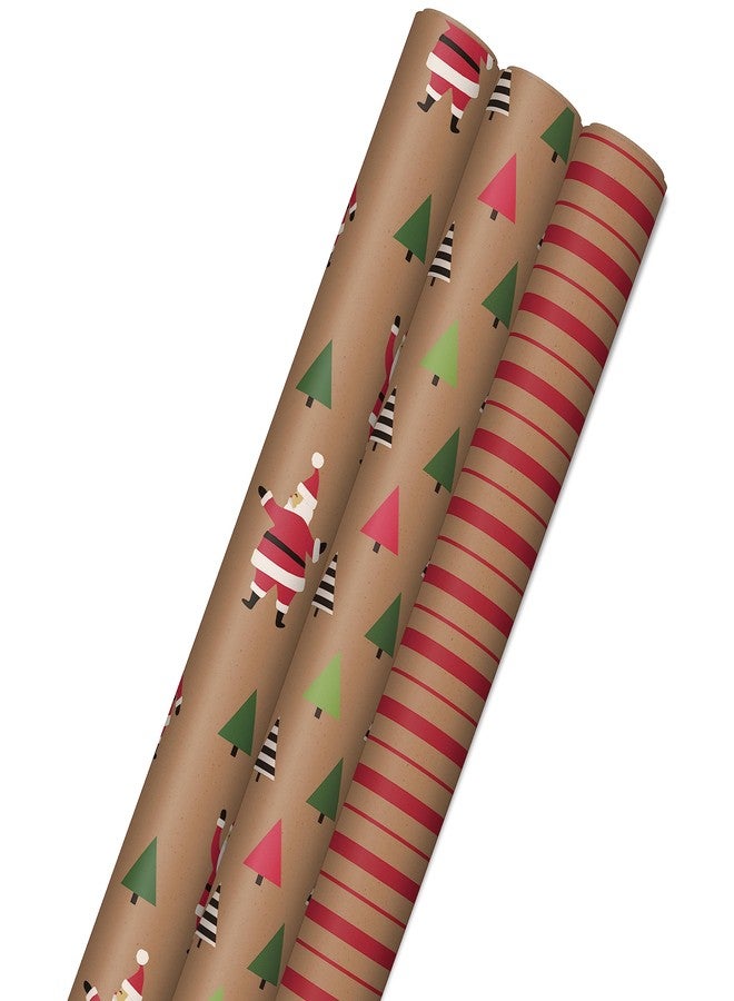 Hallmark Christmas Wrapping Paper Rolls, Brown Kraft Holiday Gift Wrap (Pack of 3: 90 sq. ft. ttl) Kraft with Santas, Trees, Stripes - Image 1