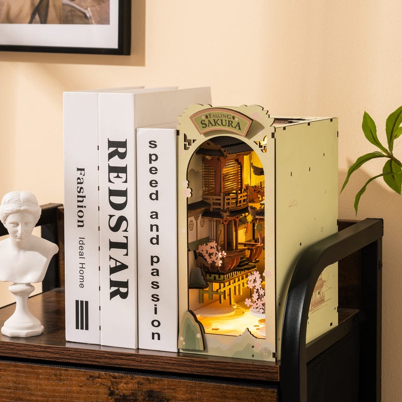 Rolife DIY Book Nook Kit Falling Sakura DIY Miniature Booknook Kit Creative Decorative Bookend Bookshelf Insert 3D Puzzle for Adults HalloweenChristmas DecorationsGifts for Adults Falling Sakura - Image 3