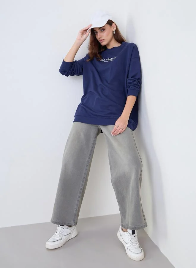 Styli Navy Blue Embroidered Oversized Sweatshirt