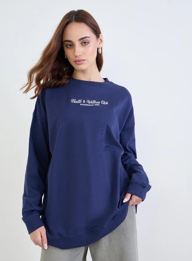 Styli Navy Blue Embroidered Oversized Sweatshirt