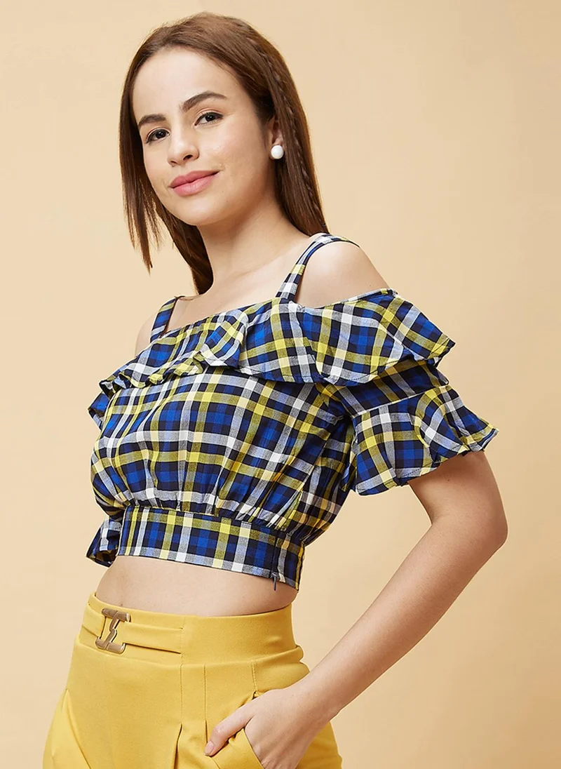 globus Globus Women Checked Off Shoulder Ruffles Cotton Bardot Crop Top