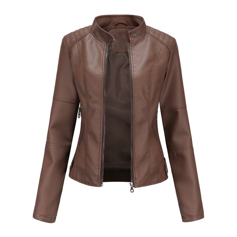Women's Slim Fit PU Faux Leather Biker Jacket with Stand Collar and Zip Front, Lightweight Spring Autumn Coat - Image 1